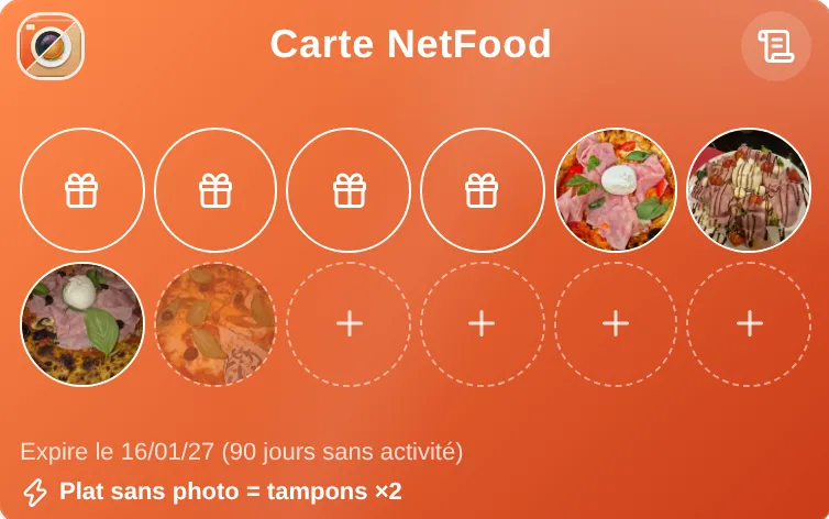 Carte de fidélité NetFood : 7 tampons sur 12, dont 4 offerts et 3 photos de plats