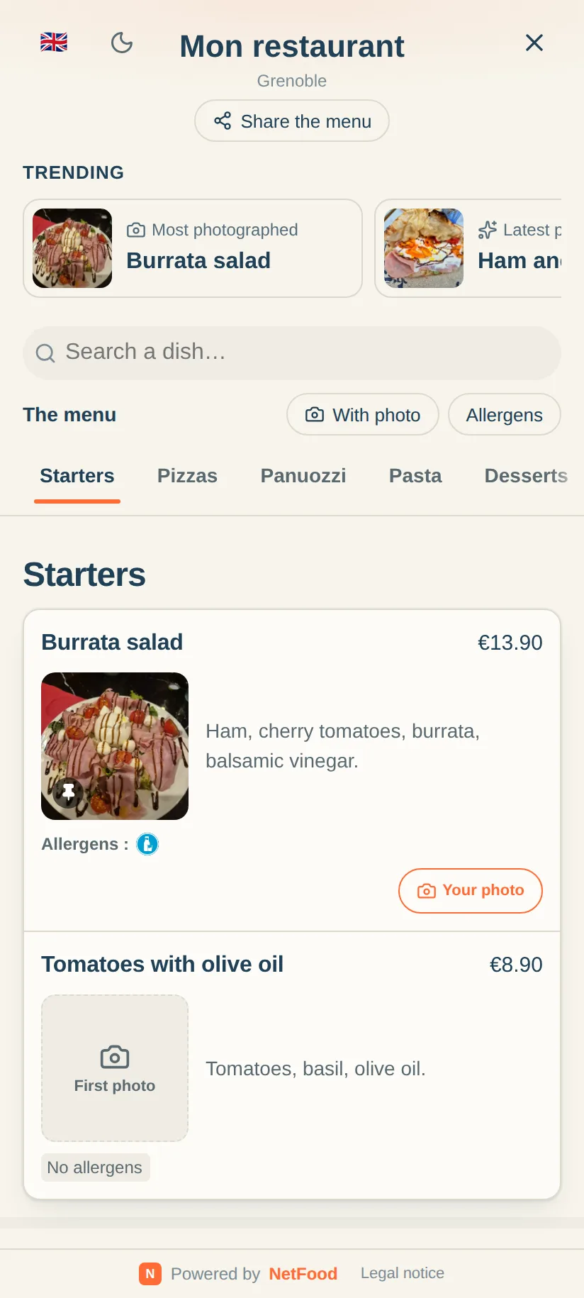 Menu QR code traduit en anglais sur téléphone : « The menu », « Burrata salad », « Starters » et les prix en euros