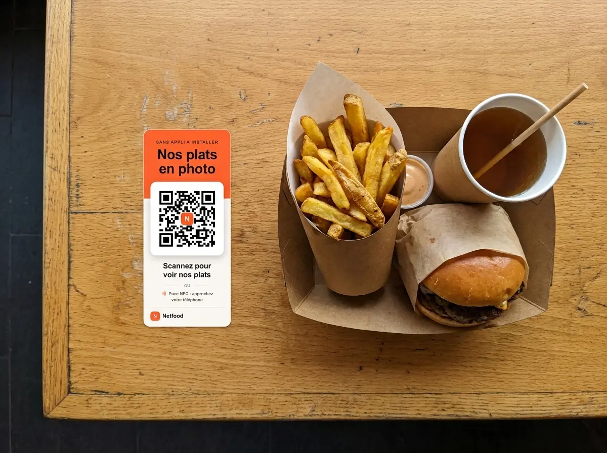 Autocollant QR code NetFood collé dans le coin d'une table, à côté d'un plateau de frites et d'un burger