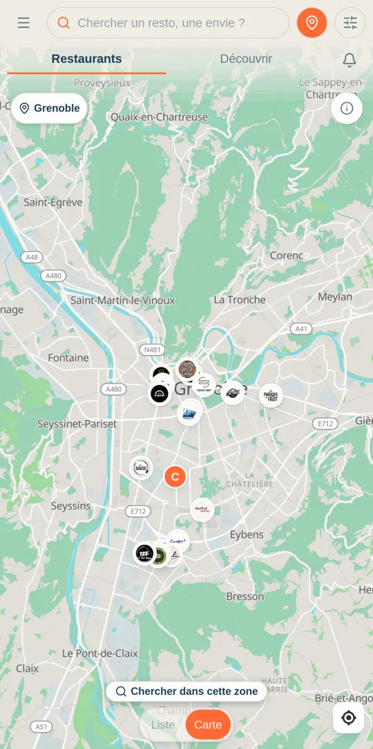 La carte NetFood affichant les restaurants géolocalisés