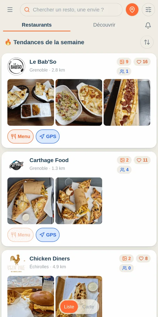 La liste des restaurants NetFood avec leurs photos et leur distance